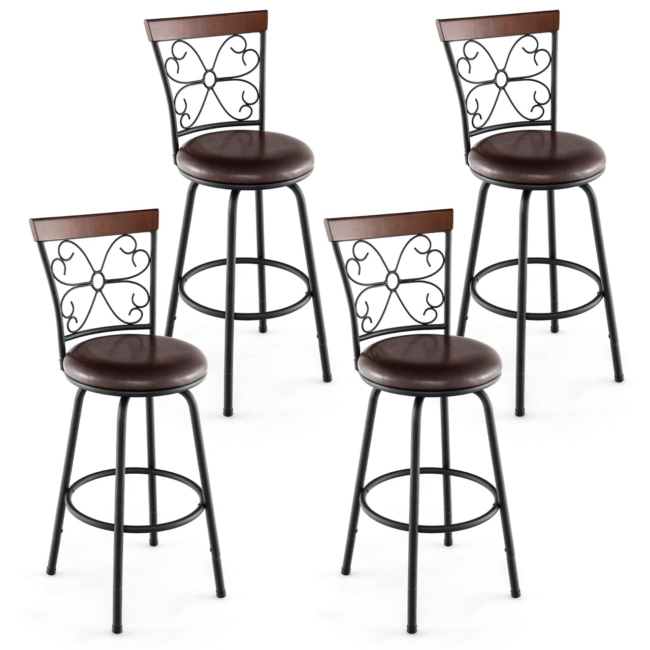 Costway Set of 2 24/30 Inch Adjustable Swivel Barstools Metal Dining Chairs Black&Brown